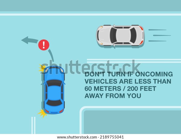Safe driving tips and traffic regulation rules.\
Do not turn if oncoming vehicles are less than 60 meters away. Top\
view of a car is about to turn left at t-junction. Flat vector\
illustration template.
