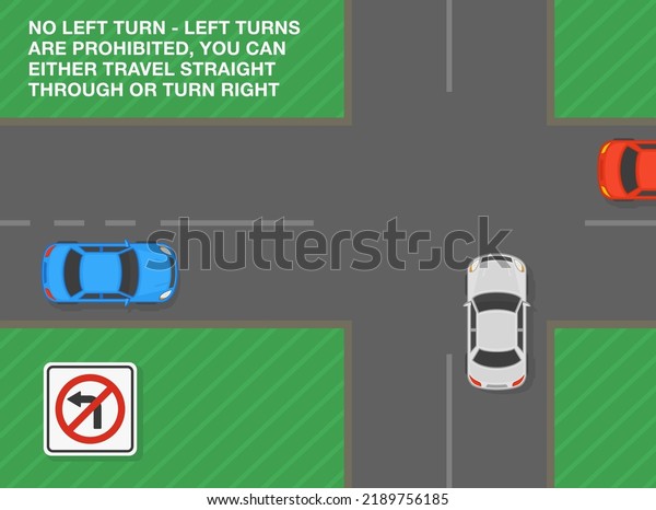 Safe\
driving tips and traffic regulation rules. No left turn. Left turns\
are prohibited, either travel straight through or turn right. Road\
sign meaning. Flat vector illustration\
template.