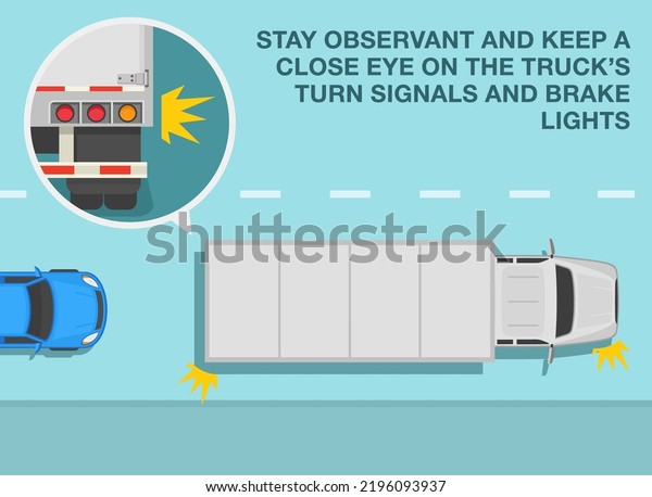 Safe\
driving tips and traffic regulation rules. Stay observant and keep\
a close eye on the truck turn signals and brake lights. Top view of\
traffic flow. Flat vector illustration\
template.