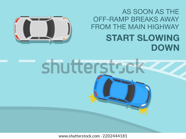 Safe driving tips and traffic regulation rules.
As soon as the off-ramp breaks away from the main highway, start
slowing down. Blue sedan car exiting a highway. Flat vector
illustration template.