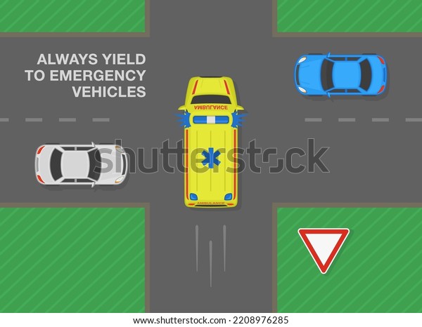 Safe driving tips and traffic regulation rules.\
Always give way to emergency vehicles at crossroads. Ambulance car\
goes first at intersection with priority signs. Flat vector\
illustration template.