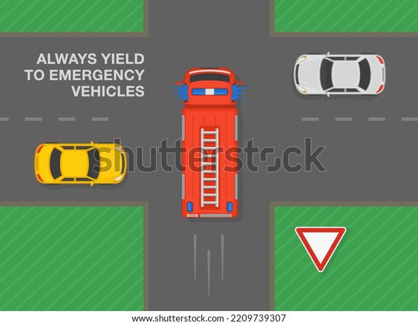 Safe driving tips and traffic regulation rules.\
Always give way to emergency vehicles at crossroads. Fire truck car\
goes first at intersection with give way sign. Flat vector\
illustration template.