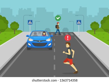 Safe driving tips and traffic rules. Cross only at designated crosswalks. Pedestrian crossing street. Man running across street. Flat vector illustration template.