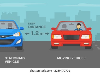Safe driving tips and traffic rules. Moving sedan car passing the stationary vehicle. Keep at least 1.2 meter distance. Flat vector illustration template.