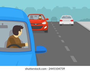 Consejos de conducción segura y reglas de tráfico. El primer plano de un conductor masculino mira hacia atrás y comprueba si hay un vehículo que se aproxima antes de abrir la puerta delantera del coche. Plantilla de Ilustración vectorial plana.