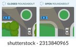 Safe driving and traffic regulation rules. Closed and open roundabout. Top view of vehicles on circular intersection. Flat vector illustration template.