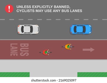 Safe Driving And Traffic Regulation Rules. Unless Explicitly Banned, Cyclists May Use Any Bus Lanes. Top View Of A City Road With Bus Lane. Flat Vector Illustration Template.