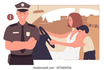 Safe driving transportation with children vector illustration. Cartoon young woman driver and child son characters drive car vehicle transport fast, policeman warning about driving safety background