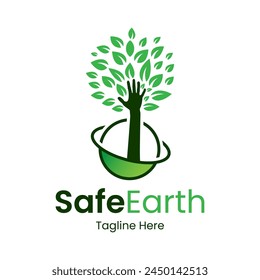 Safe Earth Logo Design Template With Raise Hand Tree.
