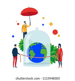 Safe earth. People preserve and protect the globe. Vector illustration. Separate objects. Isolate. To illustrate articles, reports, blogs, news for posting on websites and print media.