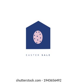 Safe easter card with colored egg and silhouette of home. Coronavirus, staying at home badge in quarantine vector illustration.