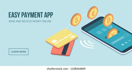 Safe and easy e-payments on smartphone using financial apps and international currencies: a user is receiving money on his smartphone