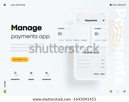 Safe and easy e-payments on smartphone using financial apps. Financial analytics, digital financial services. Phone with a mobile interface of the payment system, money transfers. Vector illustration