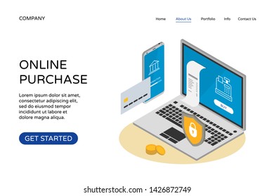 Safe and easy e-payments online purchase on smartphone using financial app. Isometric 3d mobile and laptop. Payment being processed using bank card internet shopping protection. Vector illustration
