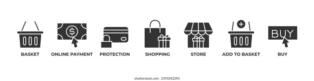 Safe and Easy Shopping Icons set vector illustration with Basket, Online payment, Protection, Shopping, Store, Add to basket, Buy