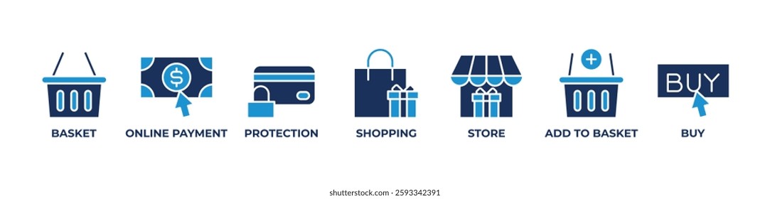 Safe and Easy Shopping Icons set vector illustration with Basket, Online payment, Protection, Shopping, Store, Add to basket, Buy