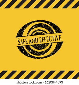 Safe and effective black grunge emblem, yellow warning sign. Vector Illustration. Detailed.