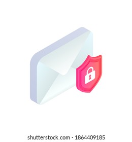 Safe e-mail service isometric icon. Secure Mobile mail, 3d email sign with padlock. Private data in social network, sms chat protection, cyber security vector symbol for landing, web, app, infographic