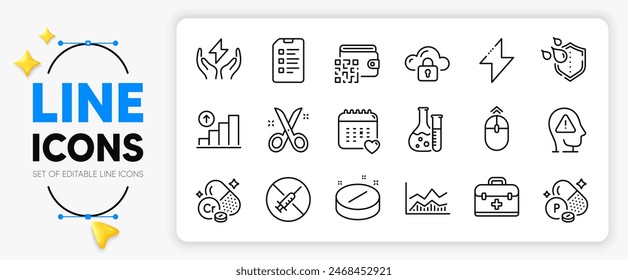 Safe energy, Chromium mineral and Healthcare calendar line icons set for app include Qr code, Cloud protection, Checklist outline thin icon. No vaccine, Medical tablet. Vector