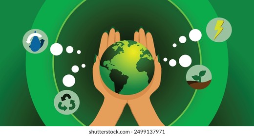Safe Energy earth Hand is Illustration of green ecology of hands holding earth with flat design style. The idea is about renewable energy with icons such as recycle, water, electric eco friendly.