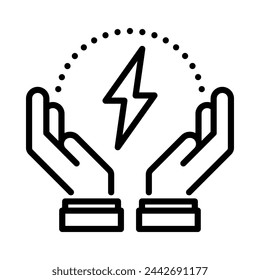Safe energy icon. Hands holding with thunder. Outline style. Vector. Isolate on white background.