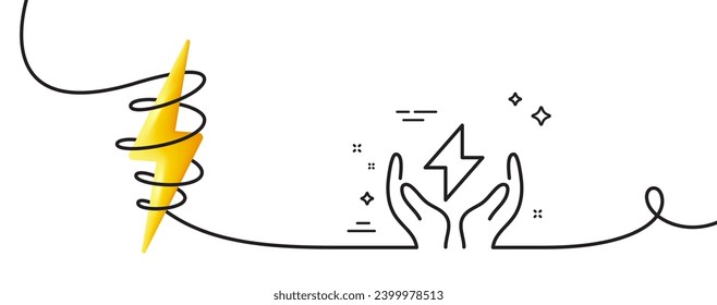 Safe energy line icon. Continuous one line with curl. Thunderbolt sign. Electric power symbol. Safe energy single outline ribbon. Loop curve with energy. Vector