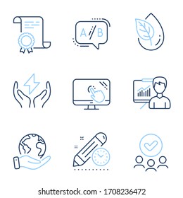 Iconos de línea de prueba de energía segura, pantalla táctil y Ab. Certificado de Diploma, planeta salvado, grupo de personas. Señales de presentación, producto orgánico y fecha límite del proyecto. Vector
