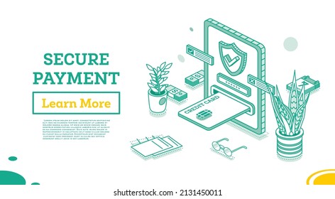 Safe E-Payments. Credit Card in Tablet PC and Shield with Check Mark. Isometric Business Concept. Vector Illustration. Purchase Protection and Secure Payment. Data Security.