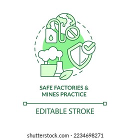 Safe factories and mines practice green concept icon. Environmental entrepreneurship abstract idea thin line illustration. Isolated outline drawing. Editable stroke. Arial, Myriad Pro-Bold fonts used