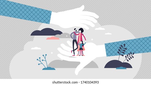 Safe family vector illustration. Symbolic protection flat tiny persons concept. Couple with children in holding hands and standing on palm. Simple security feeling with house and medical insurance.