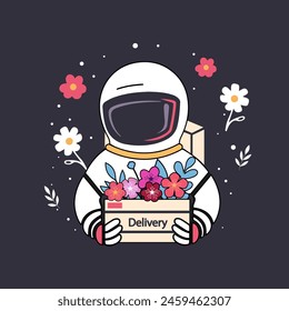 Safe and fast delivery concept, cosmonaut delivery man with a box with flowers. Vector illustration in flat style