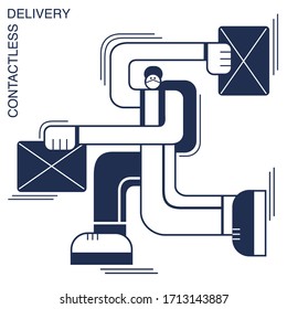 Safe fast delivery during pandemic. A running courier in a face mask and gloves with parcels. Vector complex flat illustration. 