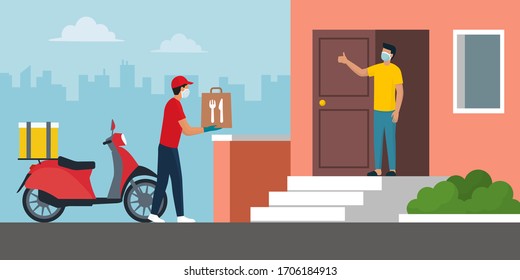 Safe fast food delivery at home during coronavirus covid-19 epidemic: man delivering a bag with a ready meal to a customer and keeping a safe distance, he is wearing a protective face mask and gloves