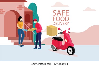 Safe fast food delivery at home during  covid-19 epidemic: man delivering a bag with a ready meal to a customer and keeping a safe distance, he is wearing a protective face mask and gloves