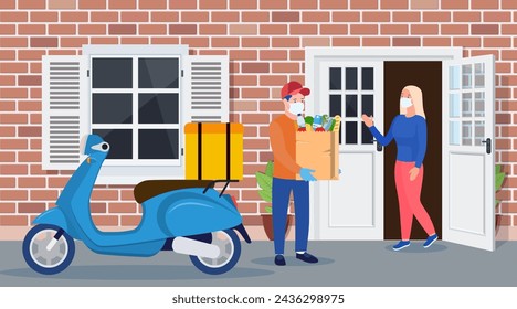 Safe fast food delivery at home during coronavirus. Man courier delivered Package food to customer. Concept for online shop or e-shop. Vector illustration in flat style