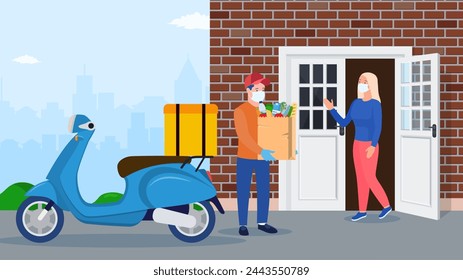 Safe fast food delivery at home during coronavirus. Man courier delivered Package food to customer. Concept for online shop or e-shop. Vector illustration in flat style