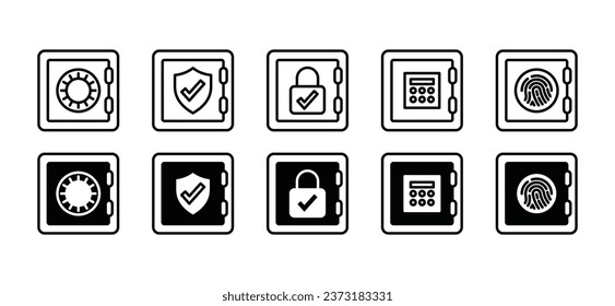 Safe financial vault thin line icons. Safe vault with shield, padlock, checkmark, password, and fingerprint. Bank security and protection icon symbol. Vector illustration