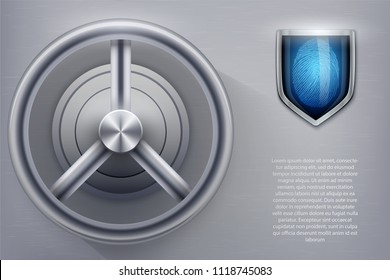 Safe with fingerprint lock and scanner. Concept of high security and quest room games. Cryptocurrency safety and protection. Vector Illustration