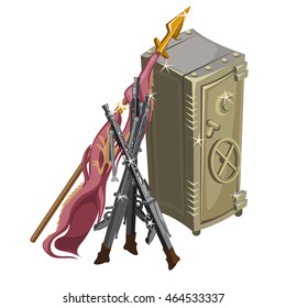 Safe with firearms and flag isolated on white background. Vector illustration.
