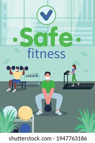 Safe fitness poster flat vector template. People in masks, athletes in gym during pandemic. Brochure, booklet one page concept design with cartoon characters. Workplace workout flyer, leaflet