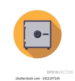 Safe flat design round icon. Color symbol of wealth, money, security and banking. Long shadow vector illustration in a circle isolated on white background.