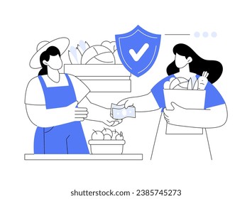 Ilustración vectorial de concepto abstracto de disponibilidad de alimentos seguros. Mujer comprando comida orgánica en el mercado, productos domésticos de alta calidad, medicina de salud pública, metáfora abstracta de harina natural.