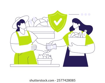 Safe food availability abstract concept vector illustration. Woman buying organic food on market, high quality domestic products, public health medicine, natural meal abstract metaphor.