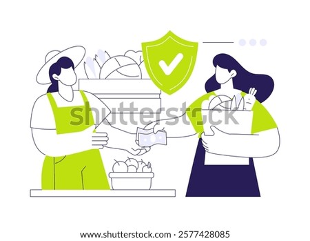Safe food availability abstract concept vector illustration. Woman buying organic food on market, high quality domestic products, public health medicine, natural meal abstract metaphor.