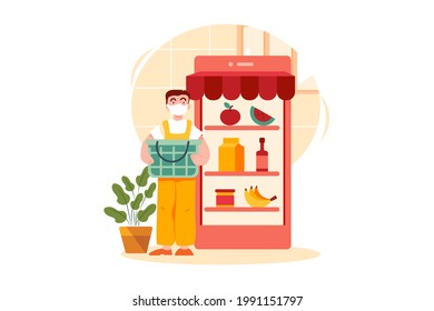 Safe food delivery with app Illustration concept. Flat illustration isolated on white background.