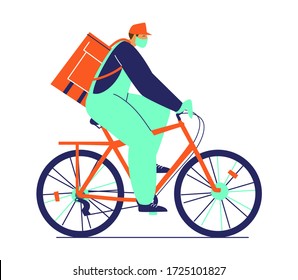 Safe food delivery by bicycle during coronavirus epidemic. Delivery boy in protective mask and gloves on bike with food bag on his back. Trendy flat vector illustration.