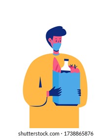 Safe food delivery concept. Masked courier with food bag. Contactless delivery. Vector illustration.