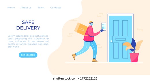 Safe food delivery concept. Masked courier with food bag. Contactless delivery. Vector illustration.