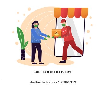 Safe Food Delivery. The Courier Delivering Food Order To The Home Of Customer Girl With Mask And Gloves During The Corona Virus Pandemic. Cartoon Design Vector Illustration.