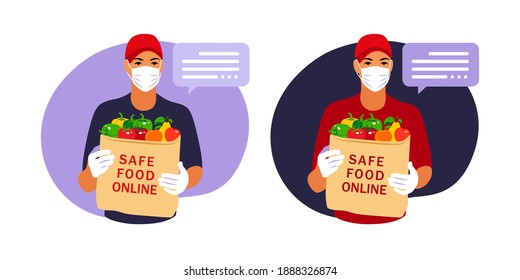 Safe food delivery. Courier delivering grocery order to the home of customer with mask and gloves during the coronavirus pandemic. Vector flat illustration isolated on white background.